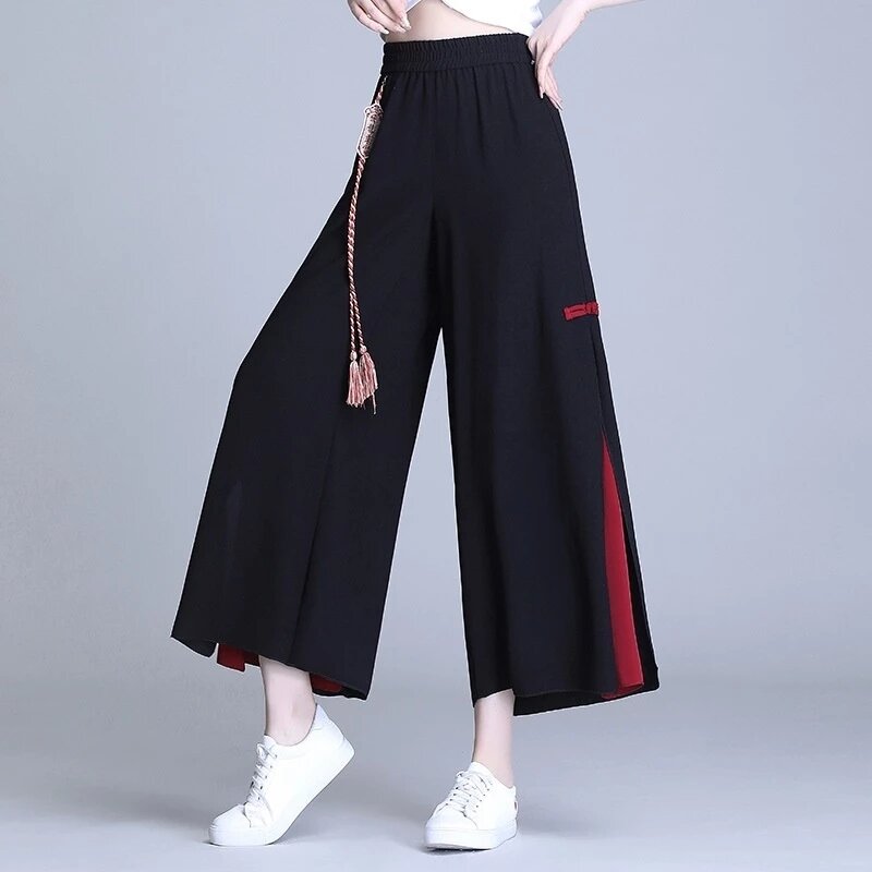 Pantalones de gasa bordados para mujer, ropa de estilo chino, Chic, kung-fu, Hippie, Harajuku, estética, holgada, de pierna ancha, estilo Kimono