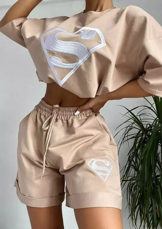 Kaos Oblong Leher Bulat Lengan Pendek Kasual Olahraga Bordir Baru Musim Panas Wanita 2023 Atasan Dua Potong Set Pakaian