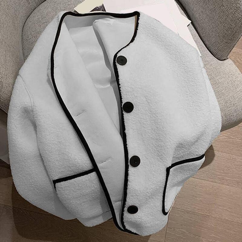 Abrigo de lana gruesa para mujer, cárdigan de manga larga, botonadura única, bolsillos de Color de contraste, OL Styel, Otoño e Invierno
