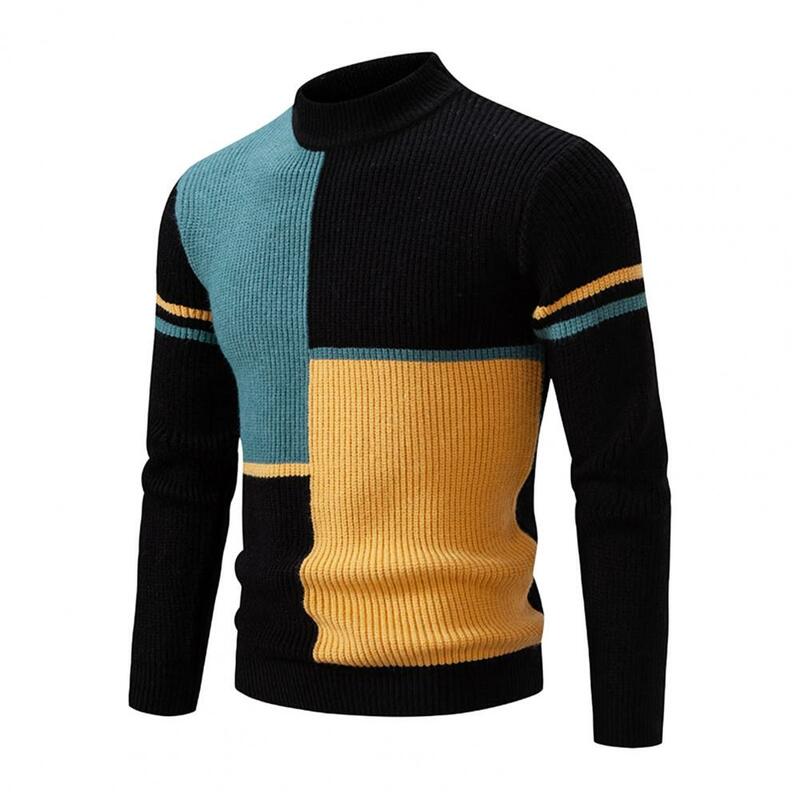 Suéter de malha de blocos coloridos masculino, malhas elásticas, bloco de cores, gola meia alta, slim fit, quente, outono, inverno