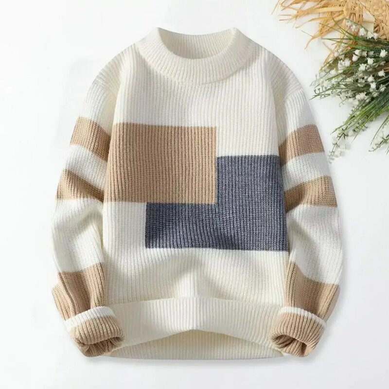 Suéter de cuello redondo de bloque de Color para hombre, suéter de punto grueso y cálido, jersey de cuello redondo para otoño e invierno, elástico suave