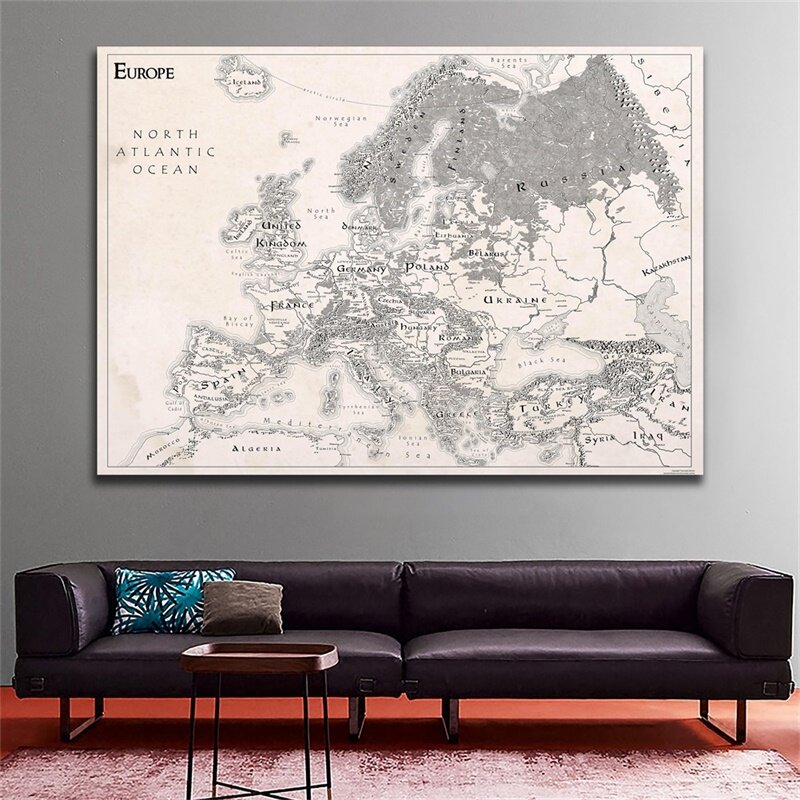 유럽지도 빈티지 캔버스 페인팅 벽 아트 포스터, 액자 없는 프린트 장식 그림, 거실 홈 데코, 59*42cm