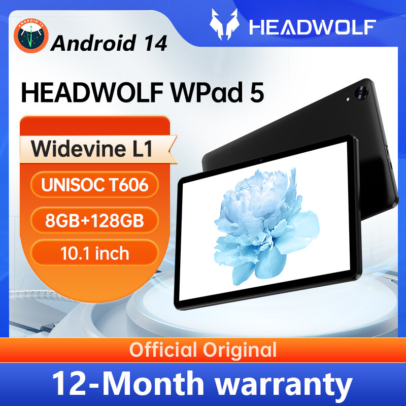 HeadWolf-WPad 5 Android 14 Tablet, Unisoc T606, 10.1 ", WideVine L1 +, Netflix, 4GB, 4GB RAM, 128GB ROM, 5500mAh, WiFi, 4G LTE, chamada telefônica