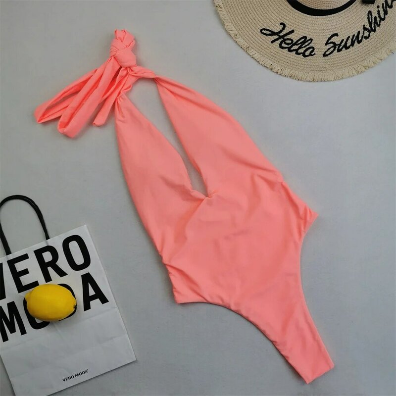 Orangepink-Conjuntos de Bikinis para mujer, Micro Monokini con cuello en V, Espalda descubierta, traje de baño cruzado, ropa de baño de vacaciones, trajes de baño de playa de tendencia