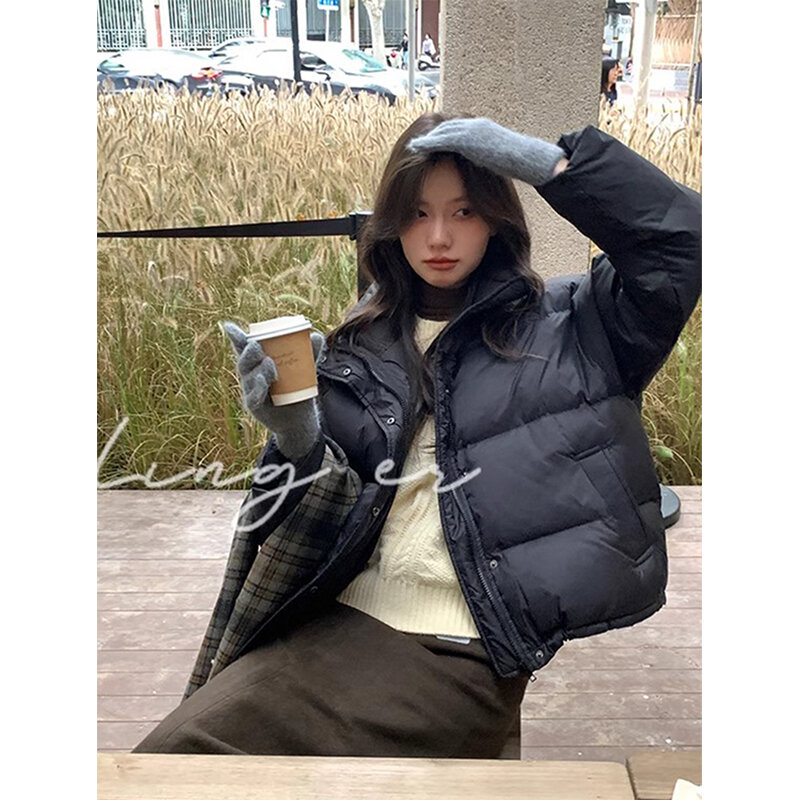Kurze Parkas Frauen Streetwear verkürzten Mantel koreanische süße Puffer jacke Winter solide lässig alle passen Baumwolle gepolsterte Outwear