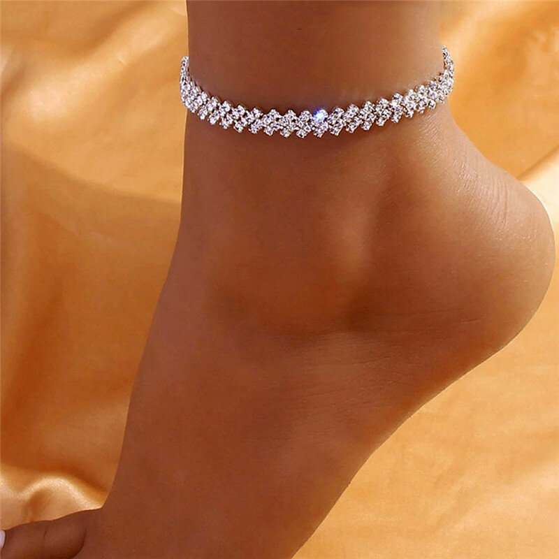Lśniąca cyrkonia łańcuszek Anklet dla kobiet moda kolor srebrny bransoletka na kostkę boso sandały biżuteria na stopy