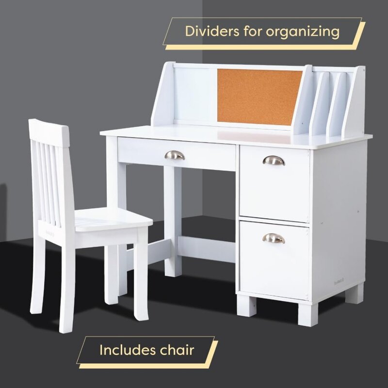 Study Desk for Children With Chair Children's Table Bulletin Board and Cabinets White Furniture
