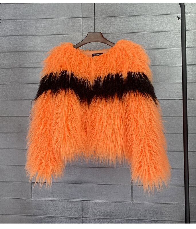 Casaco de pele sintética colorido para mulheres Casaco de carneiro Shaggy Cardigan de lã de cordeiro falso Casaco de pele artificial
