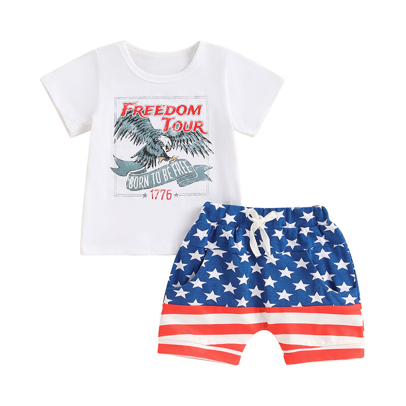Tenue 4 juillet pour bébé garçon, t-shirt à manches courtes imprimé lettre aigle, shorts à rayures et étoiles