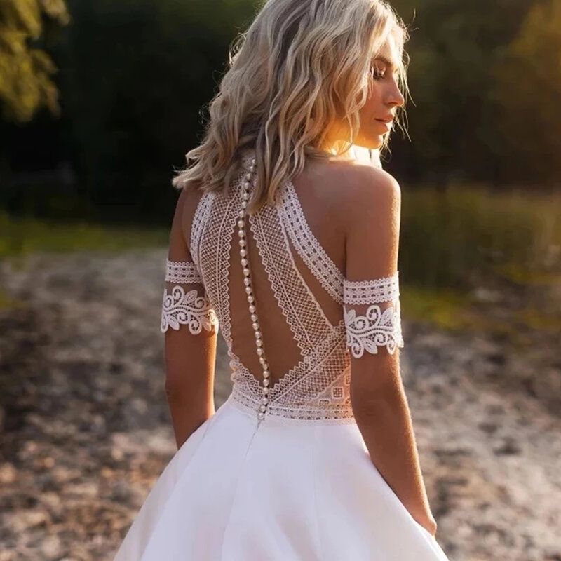 Elegant White Women's Satin Bohemian Bride Customized Wedding Dress A-line Round Neck Lace Print Sexy Pearl Button Tank Top
