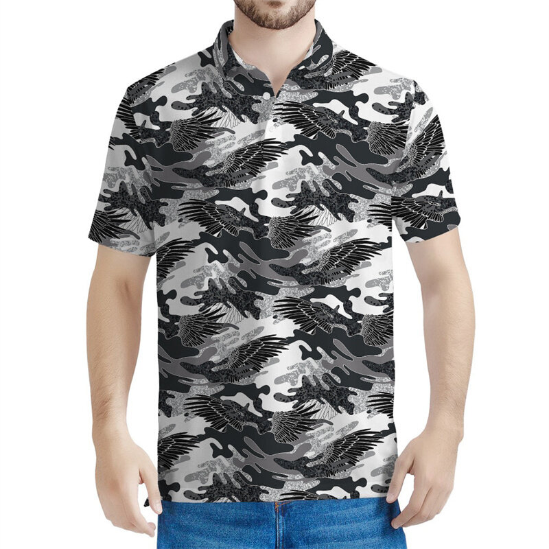 Fashion Black White Geometric Pattern Polo Shirt Men 3D Printed Camo Lapel T-Shirt Summer Short Sleeves Tops Button Loose Tees