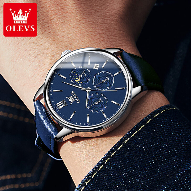 นาฬิกาผู้ชายธุรกิจใหม่เอี่ยมของ OLEVS นาฬิกาควอตซ์โครโนกราฟสำหรับผู้ชายบอกวันที่กันน้ำหนังแฟชั่นบลู