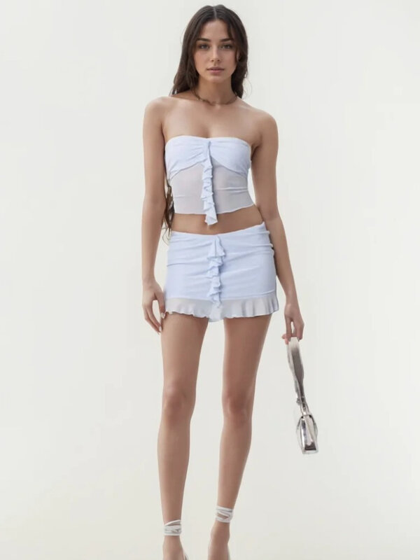 HOUZHOU Y2k Ruffle Mesh Skirt Sets for Women 2 Pieces Summer Sexy Sheer Tube Top Slim Mini Skirt Beach Vacation Outfits 2024