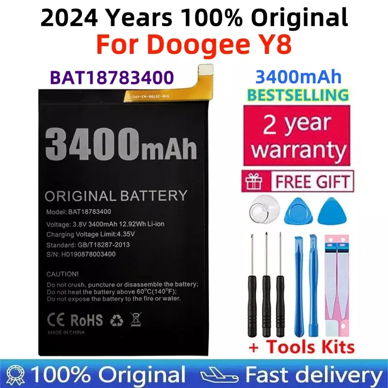 Bateria recarregável Li-polímero para Doogee Y8, baterias de substituição, ferramentas testadas + reparação, BAT18783400, 3400mAh, Y8
