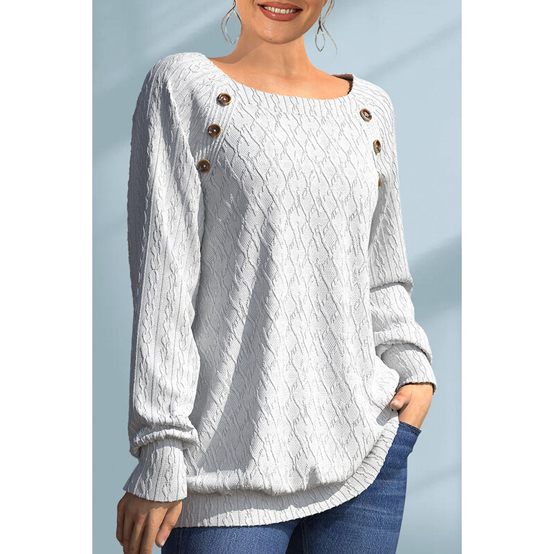 Plus Size Casual White Twist Knit Decorative Button Sweater