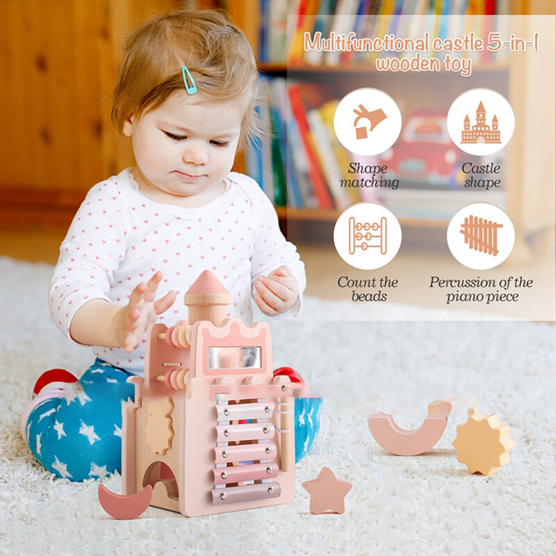 Nowy wielofunkcyjny zamek pięć w jednym zabawka dla dzieci kształt puzzli pasująca do gry na fortepianie sznur ciągnący struny koralik zabawka