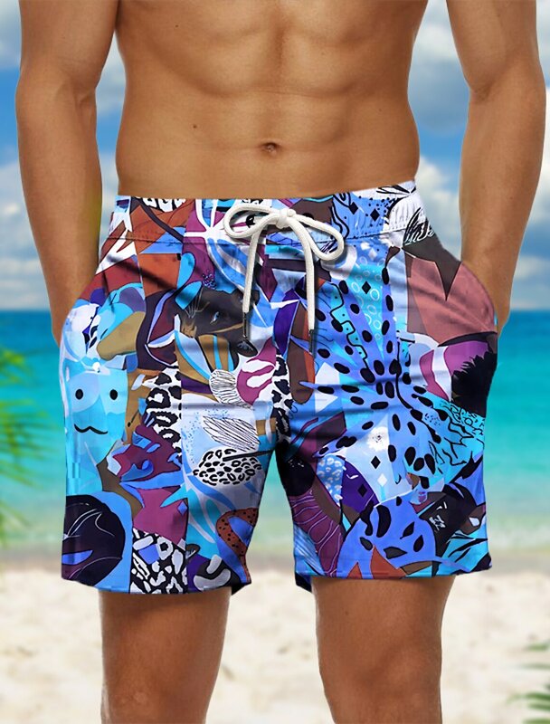Celana pendek renang papan pria, celana pendek berenang kasual liburan Hawaii blok warna daun cetakan grafis cepat kering