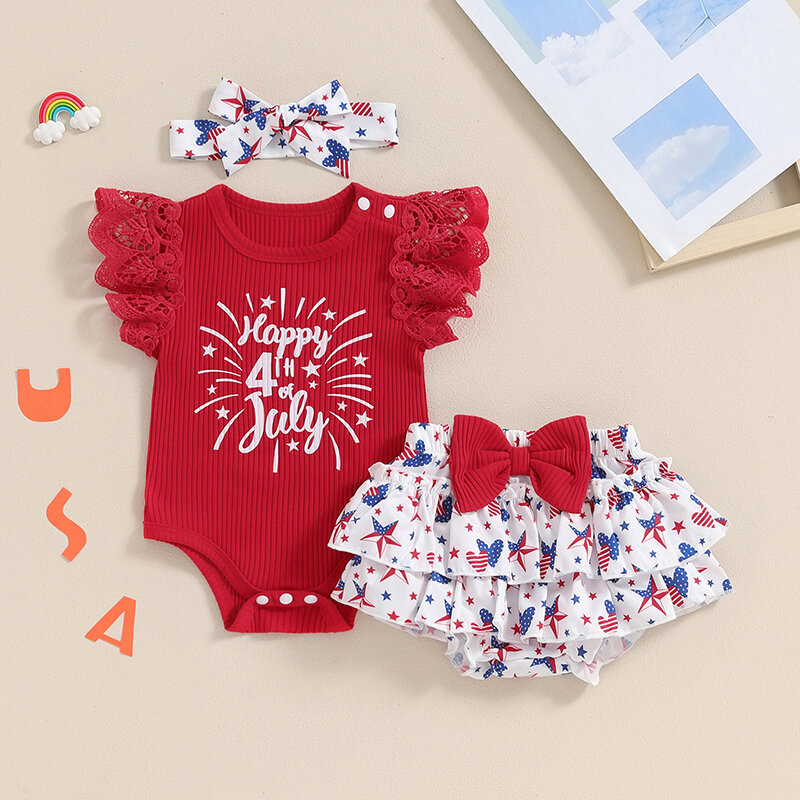 Criança Baby Girl Star impressão Fly manga Top Set, urso bordado, bainha em camadas, shorts, Headband, roupas de verão