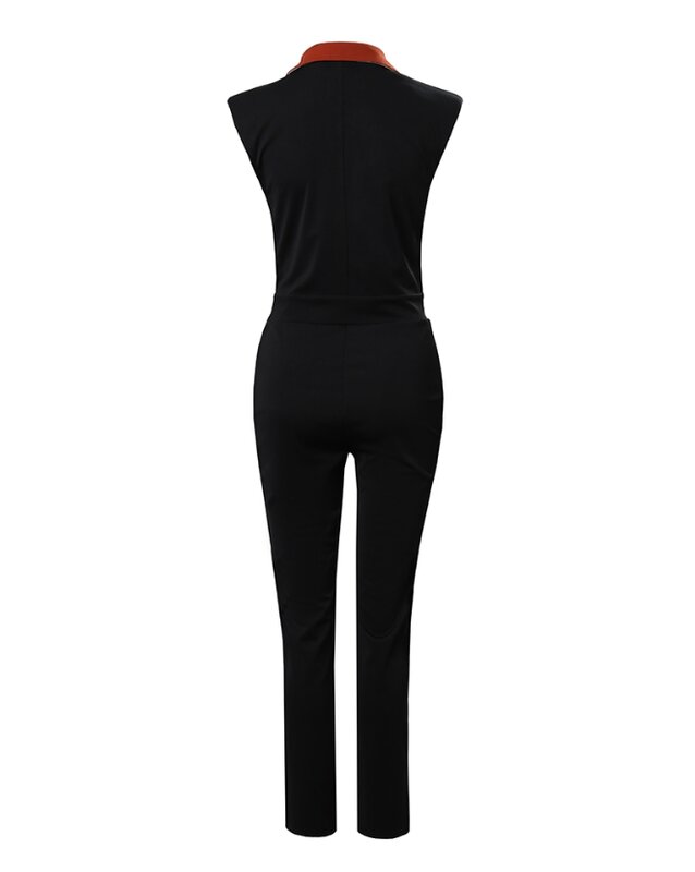 Y2K Jumpsuit Blazer untuk wanita, Jumpsuit kerja pinggang tinggi penyambungan kaki lebar kancing dua baris, blok warna leher V Musim Semi 2024