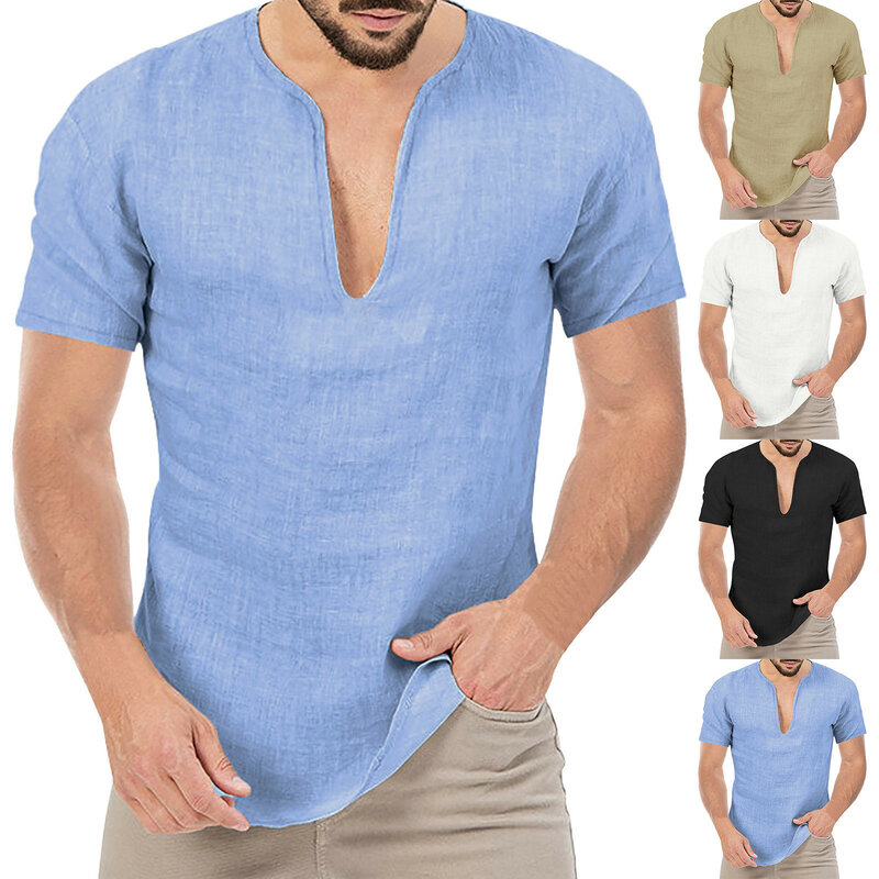 เสื้อยืดแขนสั้นคอวีมีกระดุมใหม่สำหรับผู้ชายเสื้อยืดลำลองสำหรับผู้ชายเสื้อยืดสำหรับผู้ชาย