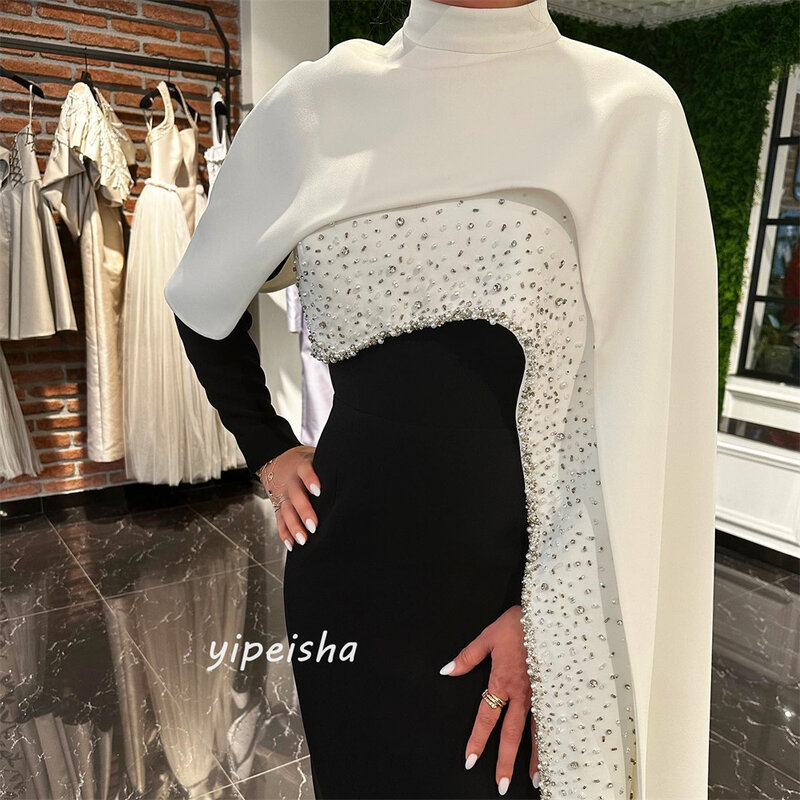 Prom Dress Saudi Arabia Satin Beading Button Formal Evening Sheath High Collar Bespoke Occasion Gown Long Dresses