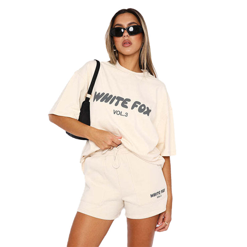 Printed Letter Retro Women Short Pants Summer Ladies Chic Drawstring Solid T-shirt Pullovers Aesthetic 2 Piece Oversized Outfits