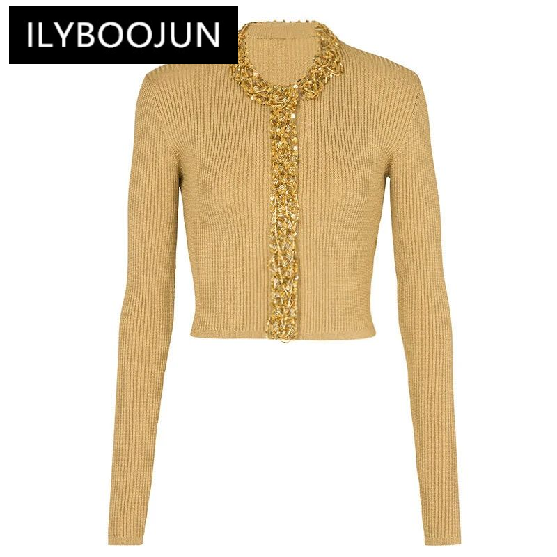 Quality Spot 2024 Spring And Autumn New Long Sleeve Short Round Neck Beaded Knit Top Fashion Cardigan Jacket Women