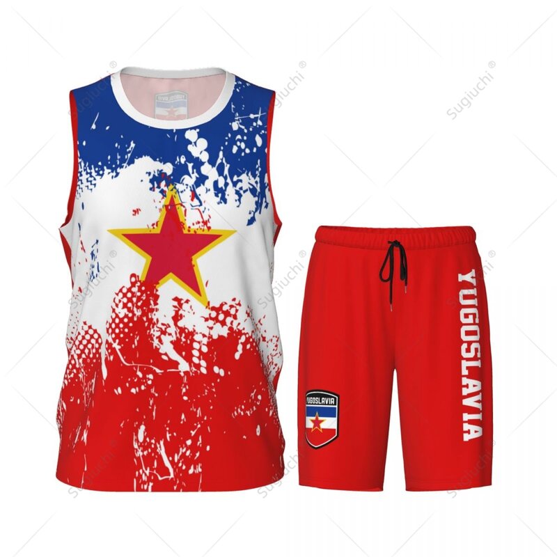 ชุดเสื้อและกางเกงลายธงชาติยูโกสลาเวียของผู้ชาย JERSEY Basket เสื้อแขนกุดสั่งทำชื่อนูเนเบอร์สุดพิเศษ