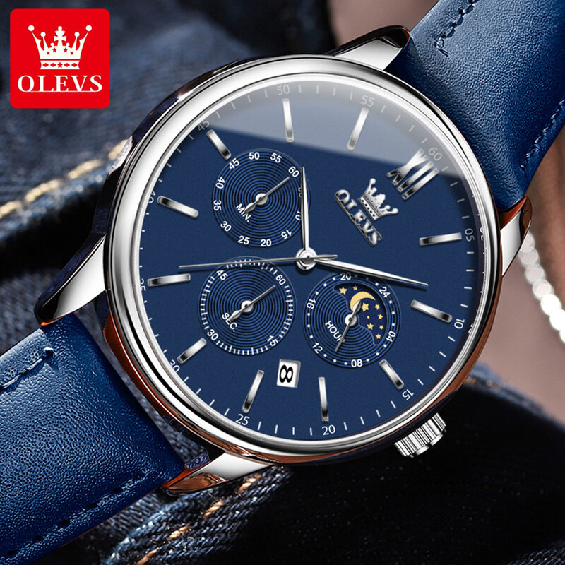 OLEVS Brand New biznesowe męskie zegarki moda niebieska skóra wodoodporna data luksusowy chronograf z fazami księżyca zegarek kwarcowy dla mężczyzn