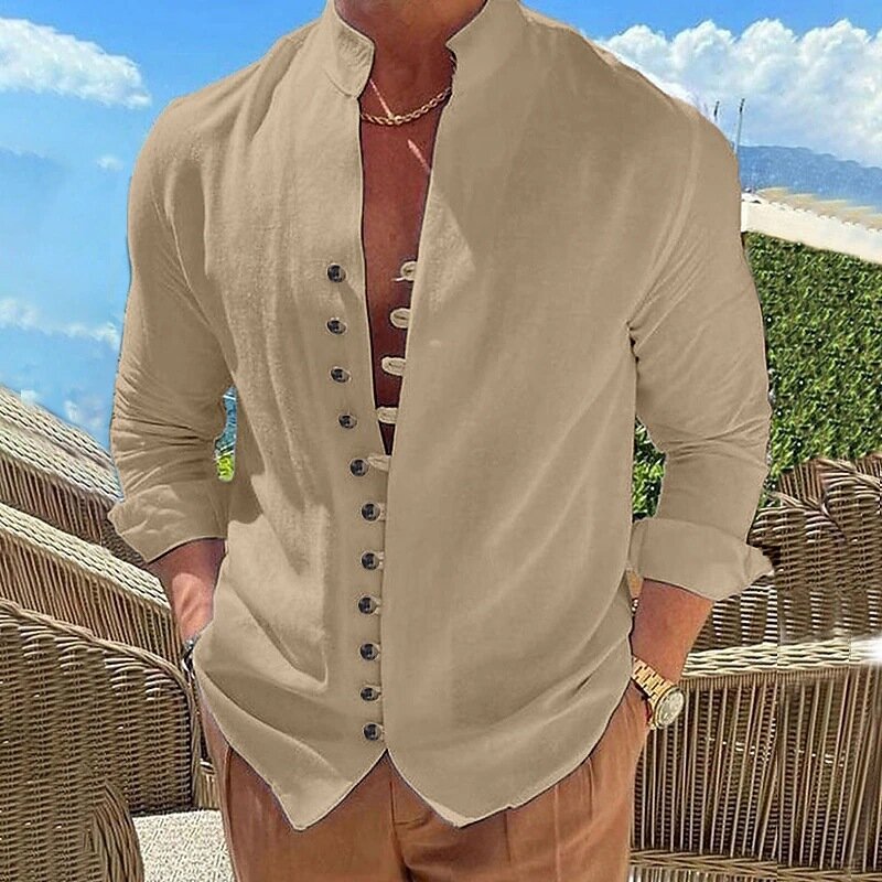 Camisa de manga larga para hombre, camisa 100% de lino y algodón puro, de color sólido, con cuello levantado, estilo informal, a la moda, gran oferta, S-3XXL
