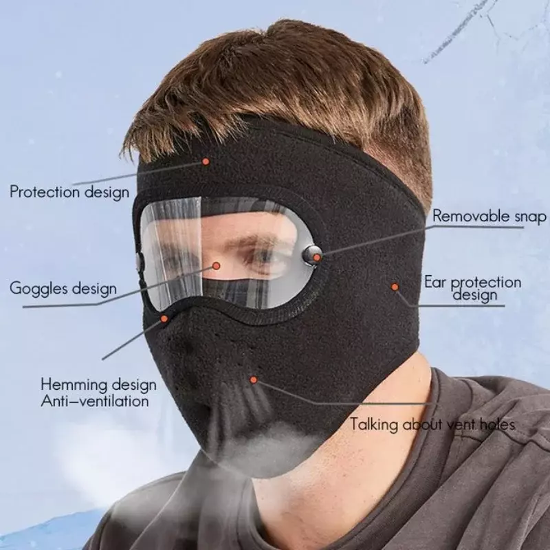 Masque Facial Complet Anti-poussière Coupe-Vent, Bouclier Oculaire HD Anti-buée, Capuche Chaude d'Hiver