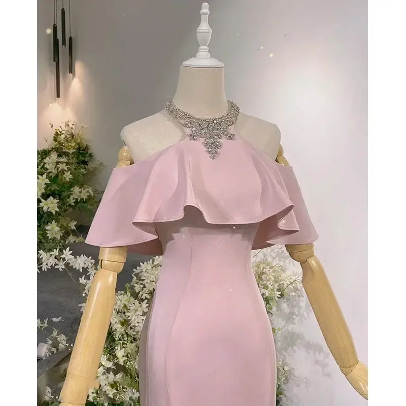 Gaun Prom untuk wanita rok Halter tanpa lengan ruffle Fishtail merah muda gaun pesta pernikahan gaun pesta wanita Vestidos De Festa