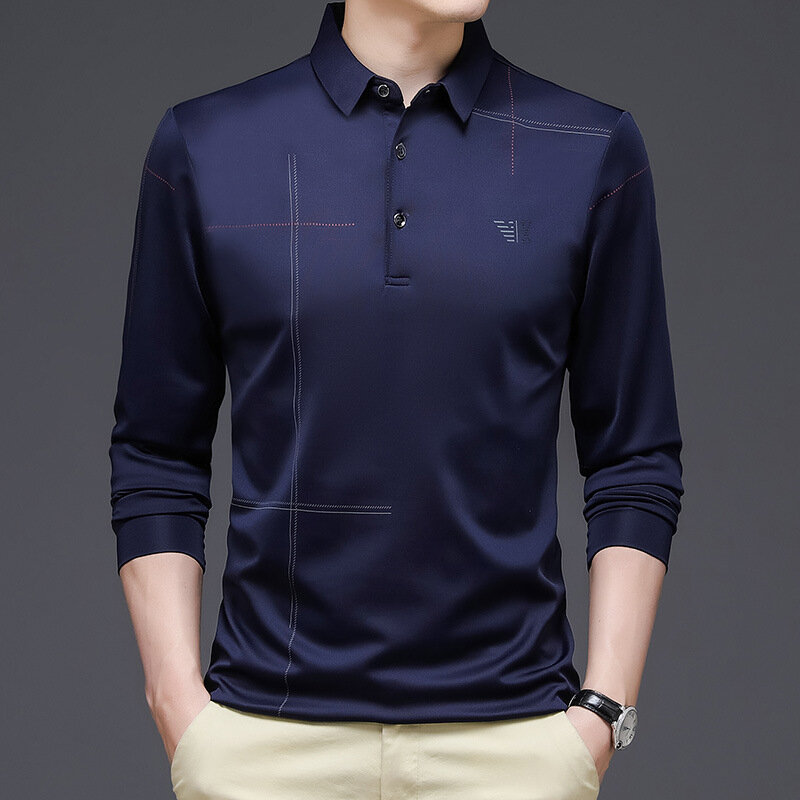 Camiseta masculina de seda gelada de manga comprida, camisa polo lapela, blusa solta, roupas finas, primavera e outono, 2023