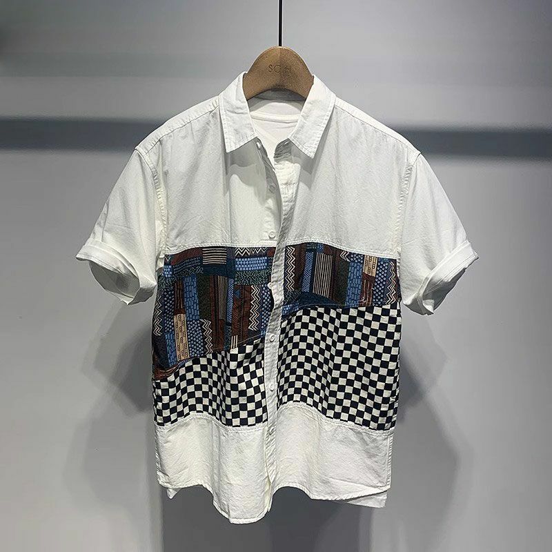 Blusa de manga corta con cuello cuadrado para hombre, ropa deportiva informal holgada, ajustada, con botones estampados, estilo Harajuku, a la moda, elegante