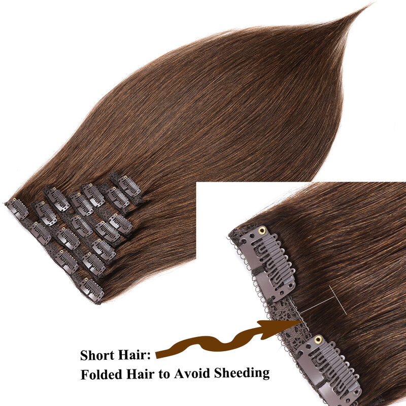 ブラジルの自然なヘアエクステンション、クリップオンウィーフト、本物の人間の髪の毛、レミークリップ、チョコレートブラウン、14〜24インチ、120g、7個