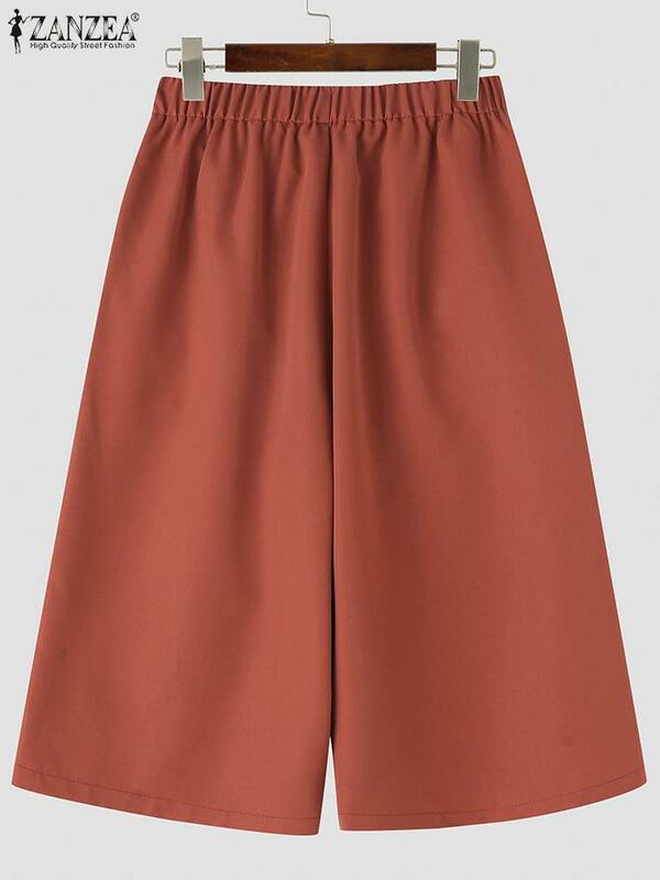 ZANZEA-Calça de perna larga coreana para mulheres, calça de bolsos sólidos, cintura elástica Capris, calça curta larga vintage de cintura alta, verão, 2022
