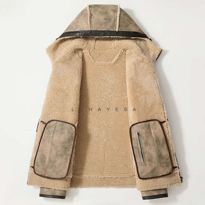 LUHAYESA – vestes à capuche en vraie fourrure pour hommes, vêtements chauds et épais, décontractés, en peau de mouton, hiver, 2022