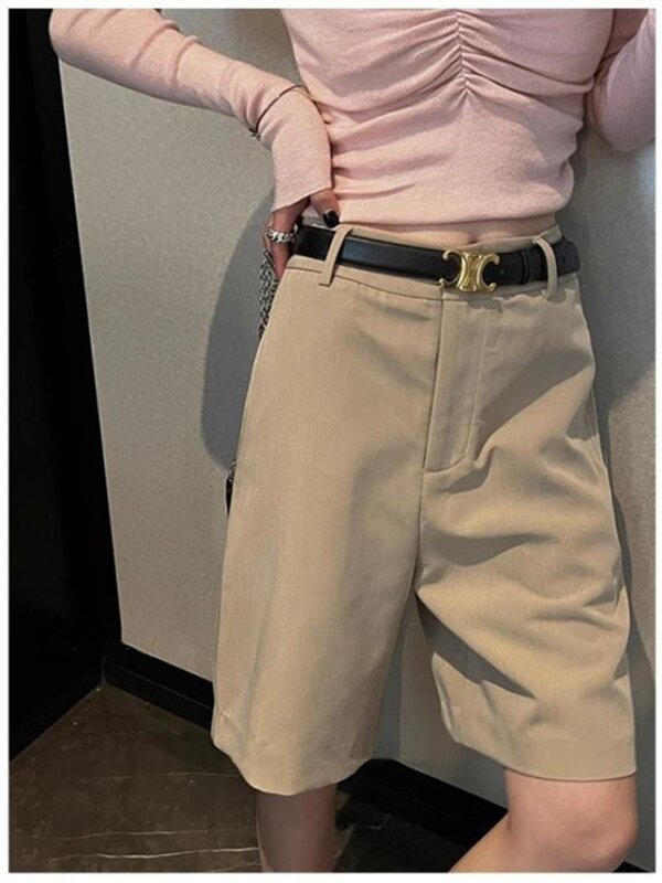 Женские прямые шорты цвета хаки на работу, летние костюмы с высокой талией, брюки средней длины, женские повседневные трапециевидные мини-брюки