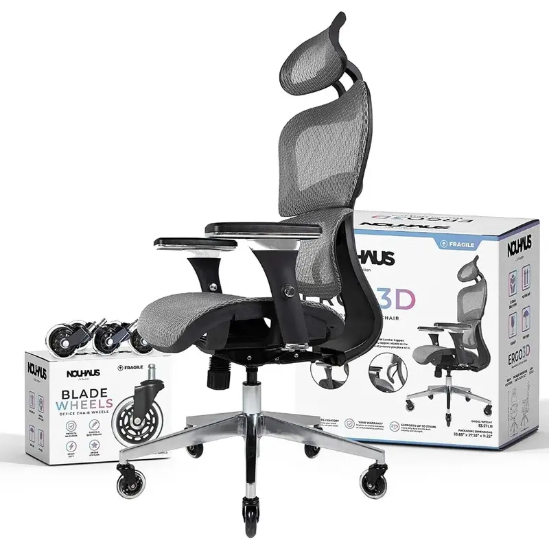 Sedia da ufficio con braccioli regolabili 4D, poggiatesta e ruote regolabili, scrivania e sedia da ufficio con schienale alto in rete (grigio)