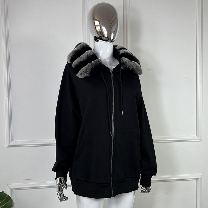 Abrigo de piel de conejo Real Rex para mujer, Sudadera con capucha informal, suéter de cachemira, chaqueta de moda, otoño e invierno, nuevo
