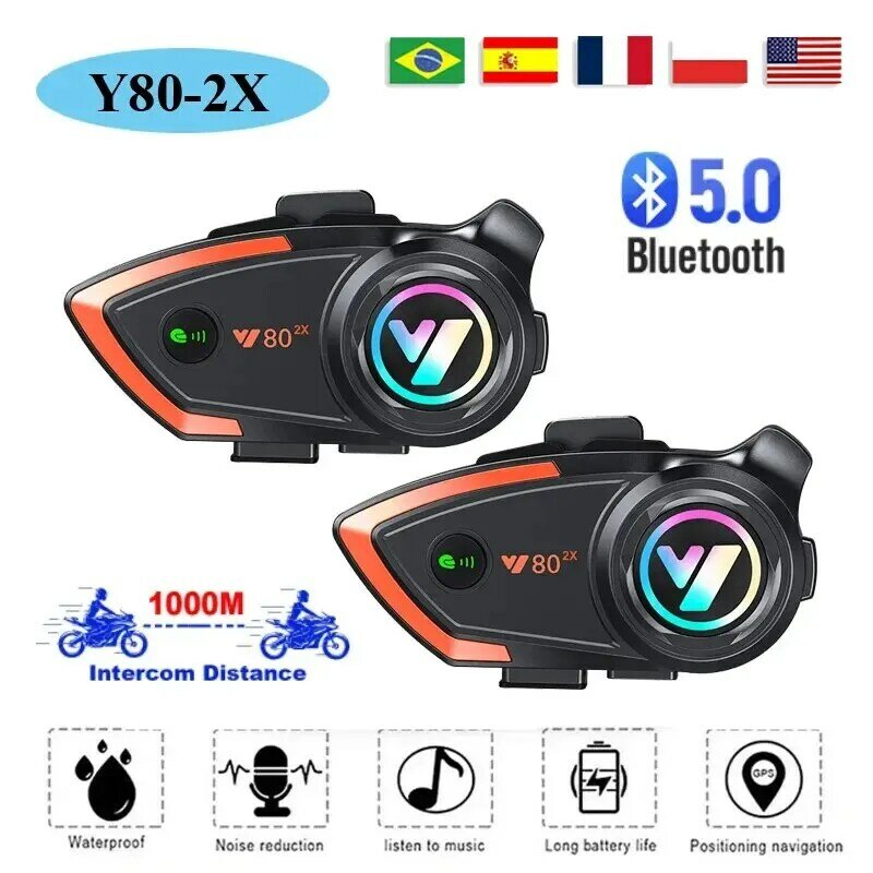 Y80 2X Motorcycle Helmet Intercom Bluetooth Headset V5.3 Hands Free Call Wireless Noise Reduction Waterproof 1000M Interphone