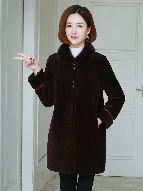 Inverno 2022 novas mulheres casacos de lã real casaco de pele midium longo casaco senhoras vison gola de pele de cordeiro jaquetas casaco feminino