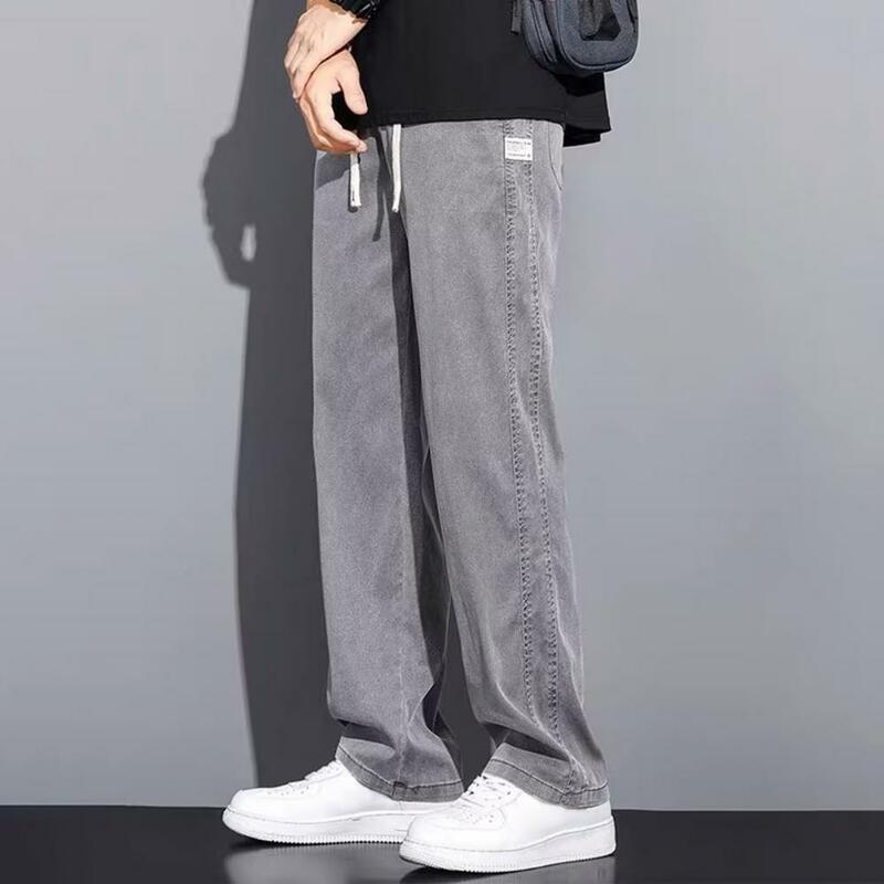 Side Pocket Men Bottoms Japanese Style Wide Leg Men's Sweatpants with Side Pockets Drawstring Waist Solid Color Gym for Jogging