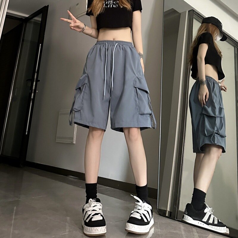 Dopamine Sports Shorts 2024 Women Summer New Thin Wide Leg Casual Loose Large Pocket High Waist Street Five Division Pants
