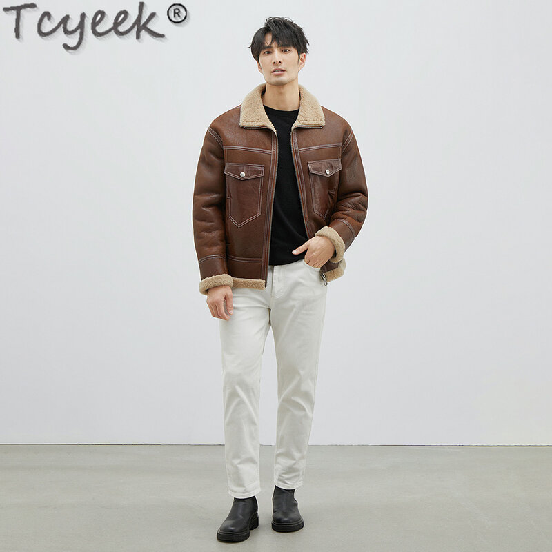 Tcyeek Natural Sheepskin Fur Male Coat Vintage Men's Genuine Leather Jackets Thickened Real Fur Coats Man Clothes Winter Clothes