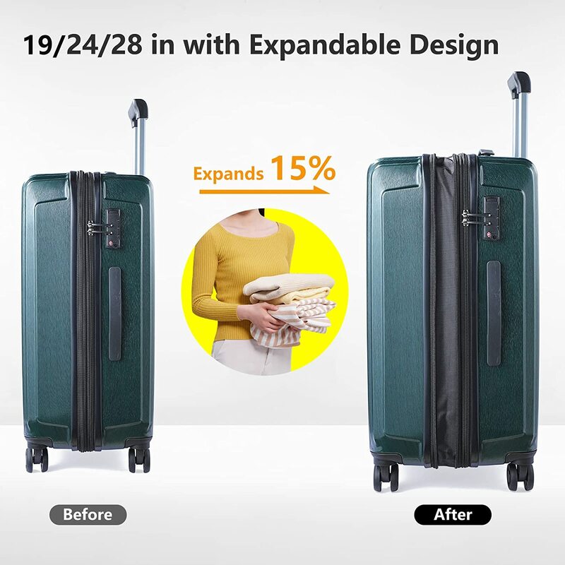 Luggage Set 2 Piece 20/24 Front Laptop Pocket & Expandable ABS+PC Lightweight Hardshell Spinner Wheels TSA Lock YKK Zipper Green