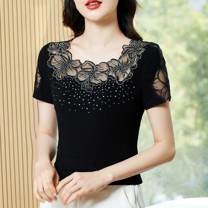 Women Polyester Tops Lightweight Women Tops Elegant Hollow Out Mesh Tops Stylish Women's Short Sleeved T-shirts for Work Parties