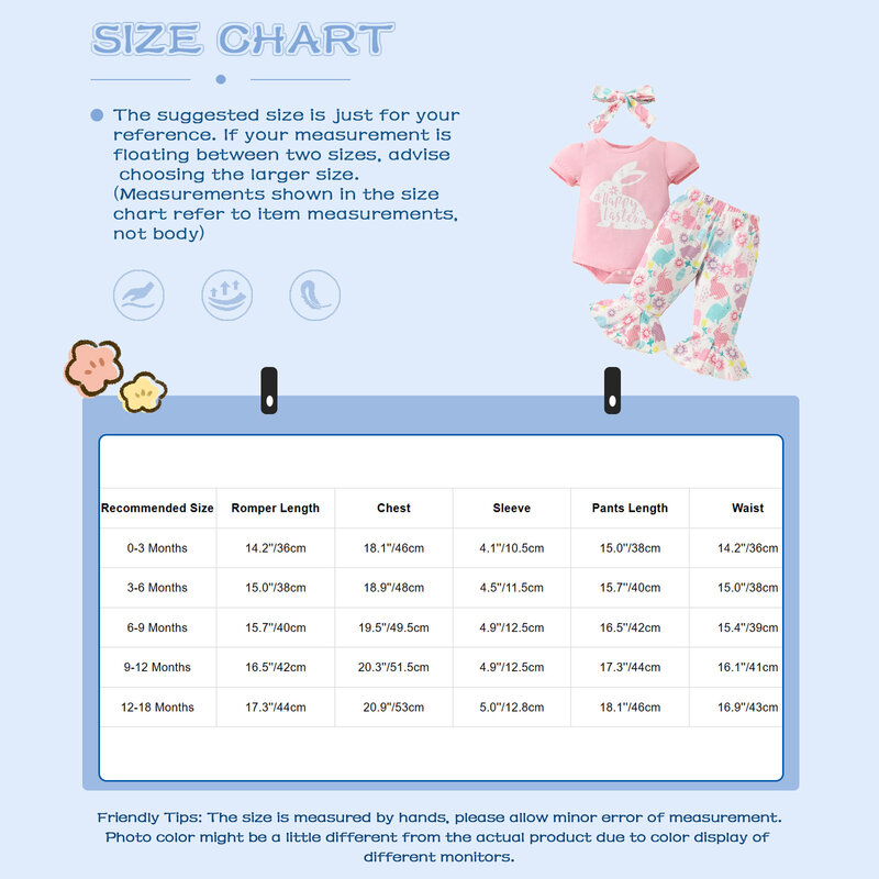 TiaoBug Three-peice Newborn Baby Girls Outfit Set Rabbits Print Short Sleeve Romper with Bunny Bell Bottoms And Bow Headband Set