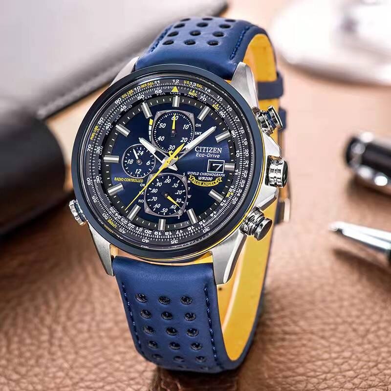 นาฬิกา Citizen สำหรับผู้ชายนาฬิกาควอทซ์สีฟ้านางฟ้าทำจากสเตนเลสกันสะเทือนแบบคู่แสดงเวลาอัตโนมัติสำหรับกีฬากลางแจ้ง