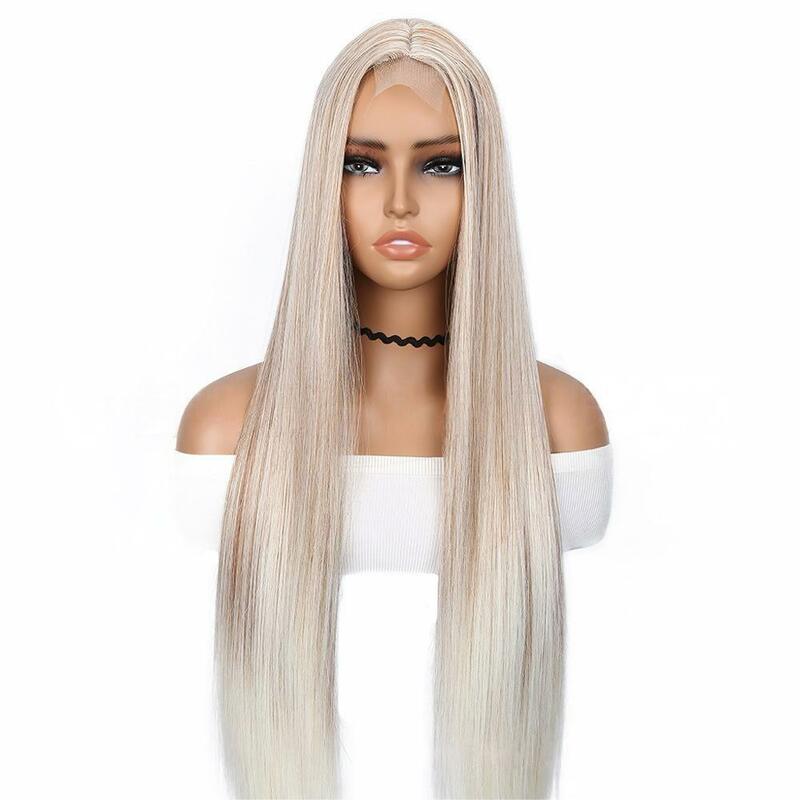 Peluca de cabello sintético blanco cremoso para mujer, peluca de encaje Frontal Medio, 30 pulgadas de largo, sedoso, liso, atado a mano, densidad de cabello humano